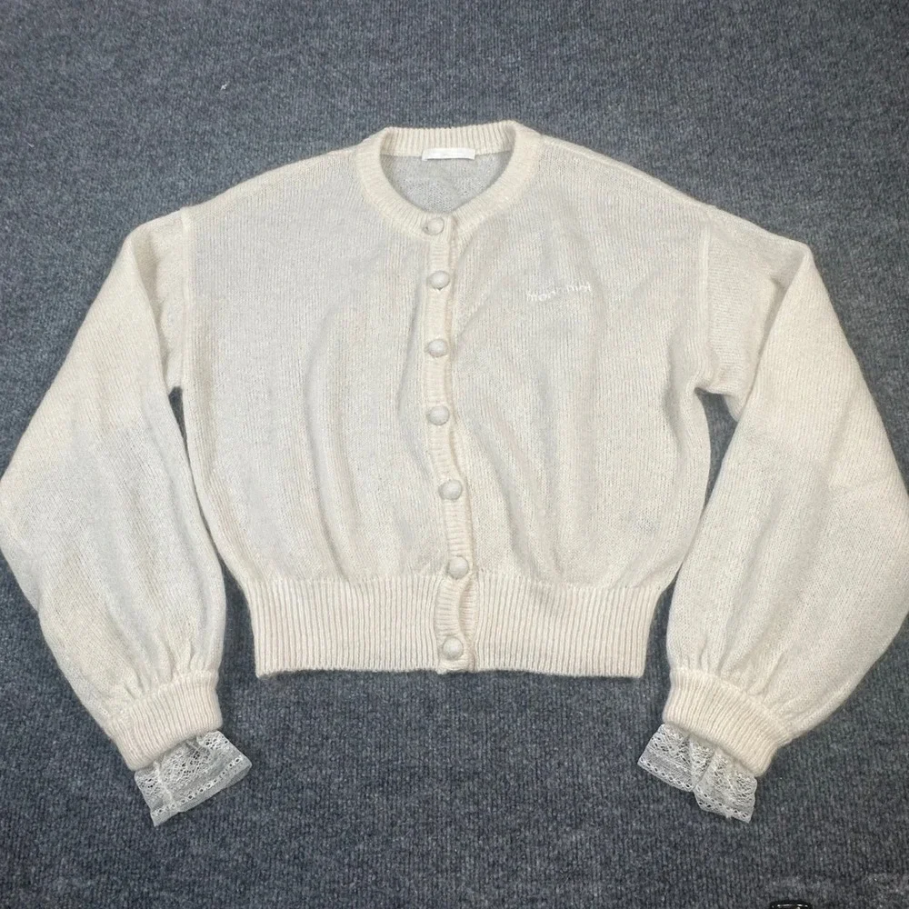 Moon Moi Cream Lace Trim Balloon Sleeve Cardigan Sweater Small